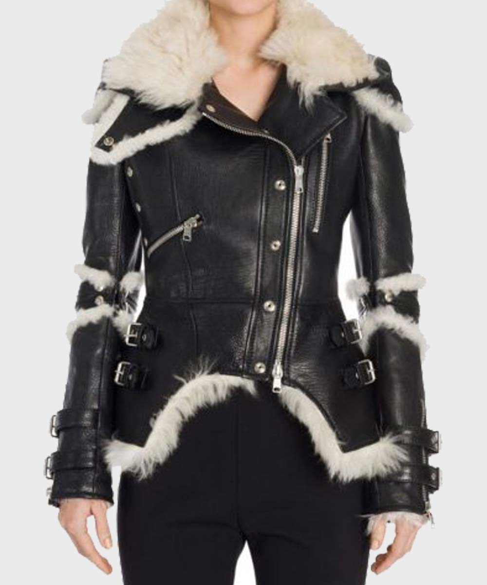 Womens Black Leather Shearling Biker Jacket Biker Jacket women front product view | Dash Racegear — Black Leather Shearling Womens Biker Jacket