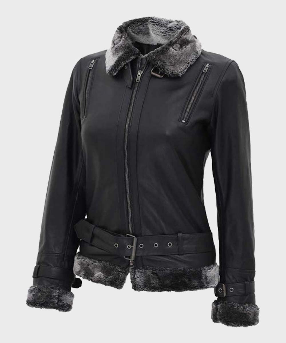 Womens Black Leather Shearling Jacket Jacket women front product view | Dash Racegear — Black Belted Womens Shearling Jacket