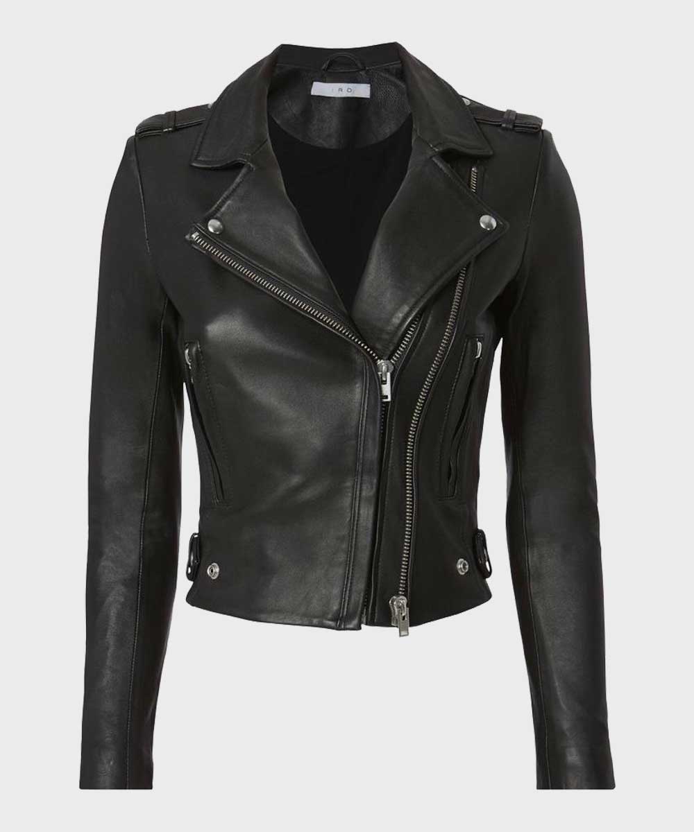 Womens Black Motorcycle Leather Jacket Biker Jacket women front product view | Dash Racegear — Womens Motorcycle Black Leather Jacket