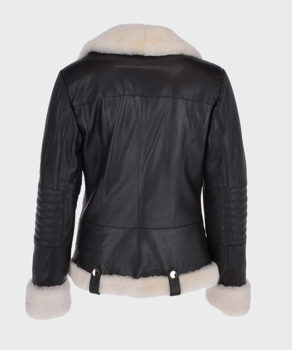 Womens Black Motorcycle Shearling Leather Jacket Leather Jacket women detail view 2 | Dash Racegear — Womens Shearling Black Motorcycle Jacket