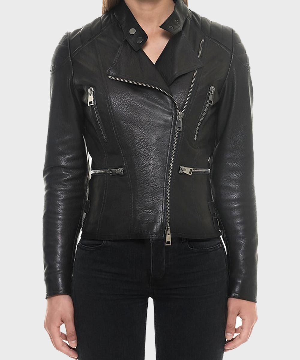 Womens Black Motorcycle Slimfit Jacket Biker Jacket women front product view | Dash Racegear — Womens-Black-Motorcycle-Slimfit-Jacket