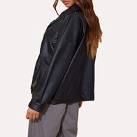 Womens Black Oversized Faux Leather Jacket Leather Jacket women detail view 3 | Dash Racegear — Oversized Black Leather Jacket for Women