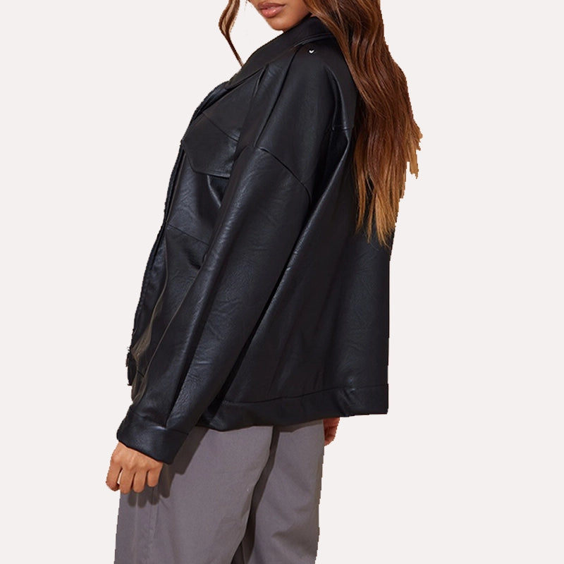 Womens Black Oversized Faux Leather Jacket Leather Jacket women detail view 3 | Dash Racegear — Oversized Black Leather Jacket for Women