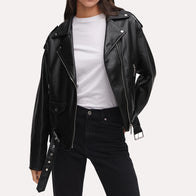 Womens Oversized Motorcycle Black Leather Jacket Leather Jacket women front product view | Dash Racegear — Womens-Black-Oversized-Faux-Leather-Motorcycle-Jacket