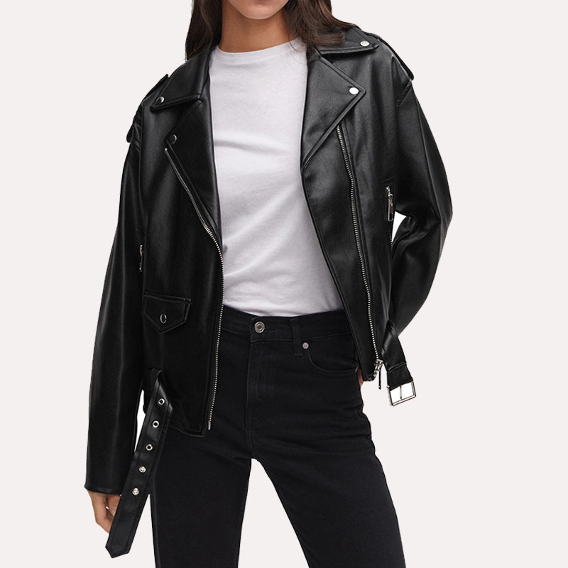 Womens Oversized Motorcycle Black Leather Jacket Leather Jacket women front product view | Dash Racegear — Womens-Black-Oversized-Faux-Leather-Motorcycle-Jacket
