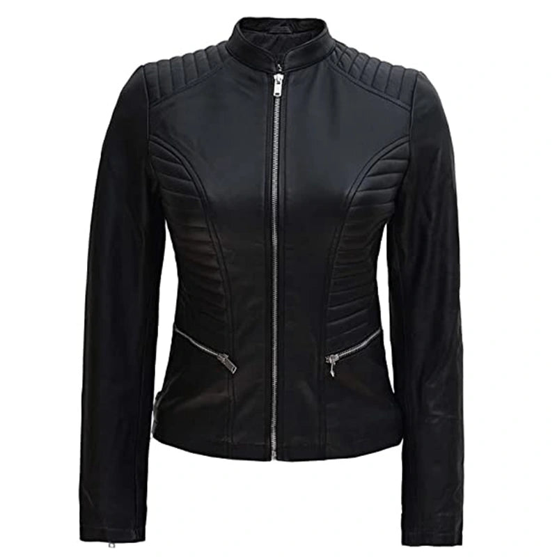 Womens Black Padded Leather Jacket Leather Jacket women front product view | Dash Racegear — Womens Black Padded Leather Jacket