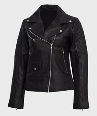 Womens Black Quilted Shoulder Leather Jacket Leather Jacket women front product view | Dash Racegear — Womens Quilted Shoulder Black Motorcycle Leather Jacket