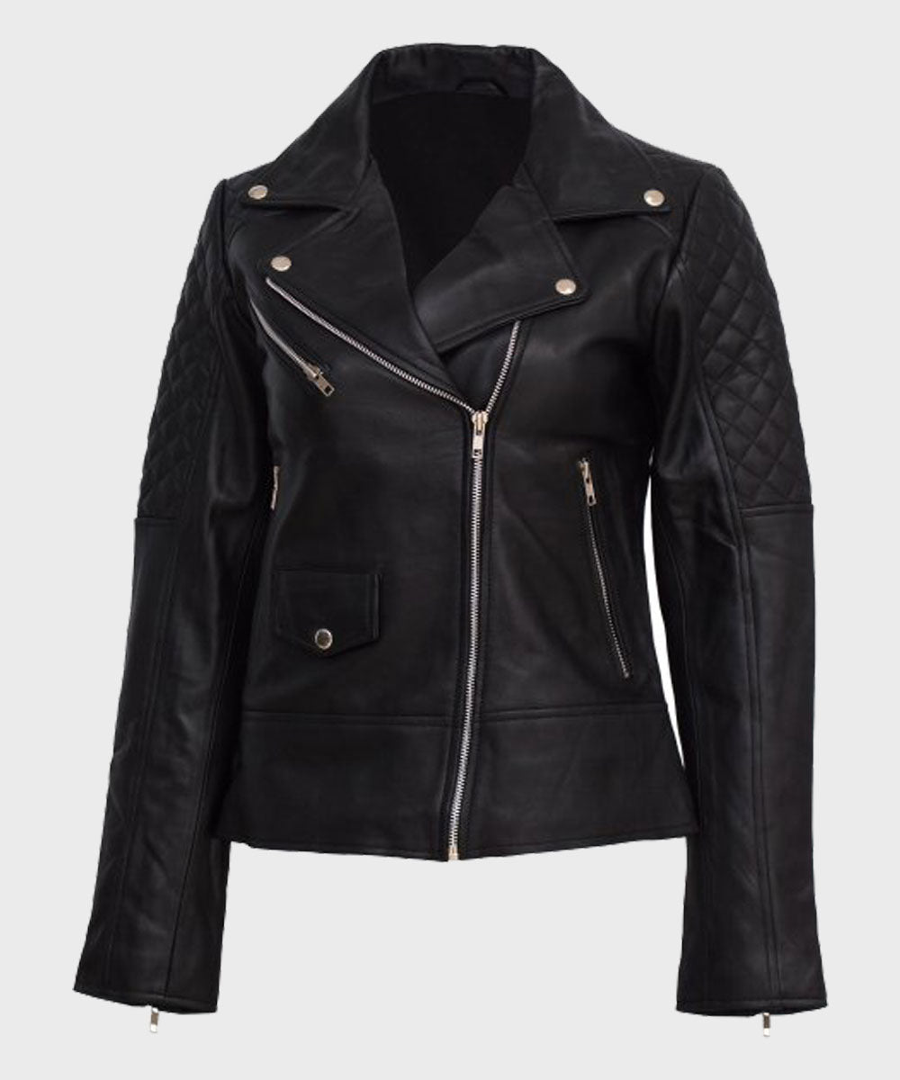 Womens Black Quilted Shoulder Leather Jacket Leather Jacket women front product view | Dash Racegear — Womens Quilted Shoulder Black Motorcycle Leather Jacket