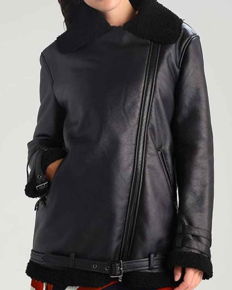 Womens Black Leather Shearling Aviator Jacket Jacket women detail view 2 | Dash Racegear — Womens Black Leather Shearling Aviator Jacket