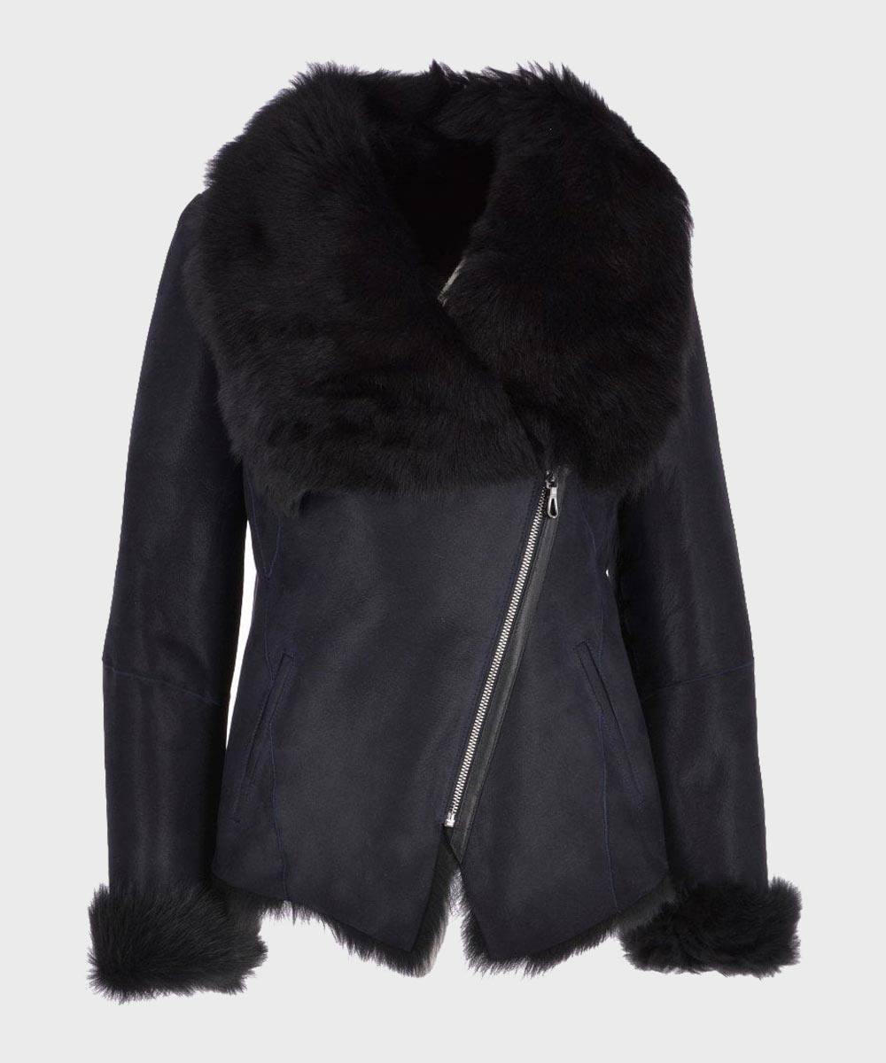 Womens Black Shearling Fur Leather Jacket Leather Jacket women front product view | Dash Racegear — Womens Black Leather Shearling Fur Jacket