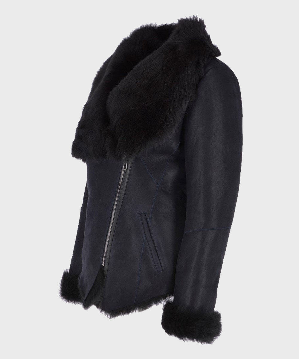 Womens Black Shearling Fur Leather Jacket Leather Jacket women detail view 2 | Dash Racegear — Black Fur Shearling Leather Jacket for Womens