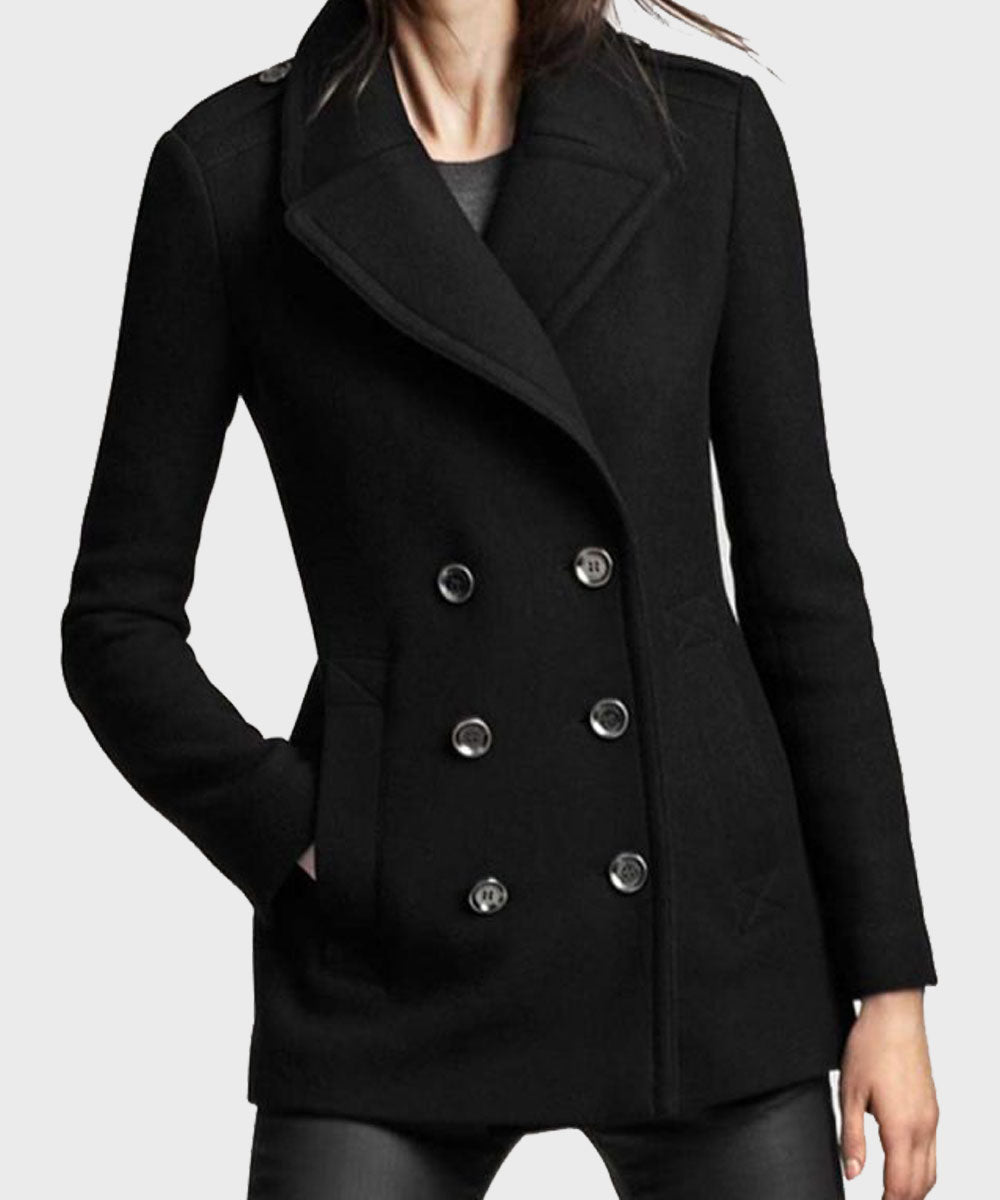 Womens Black Wool Peacoat Jacket women front product view | Dash Racegear — Womens Double-Breasted Black Coat