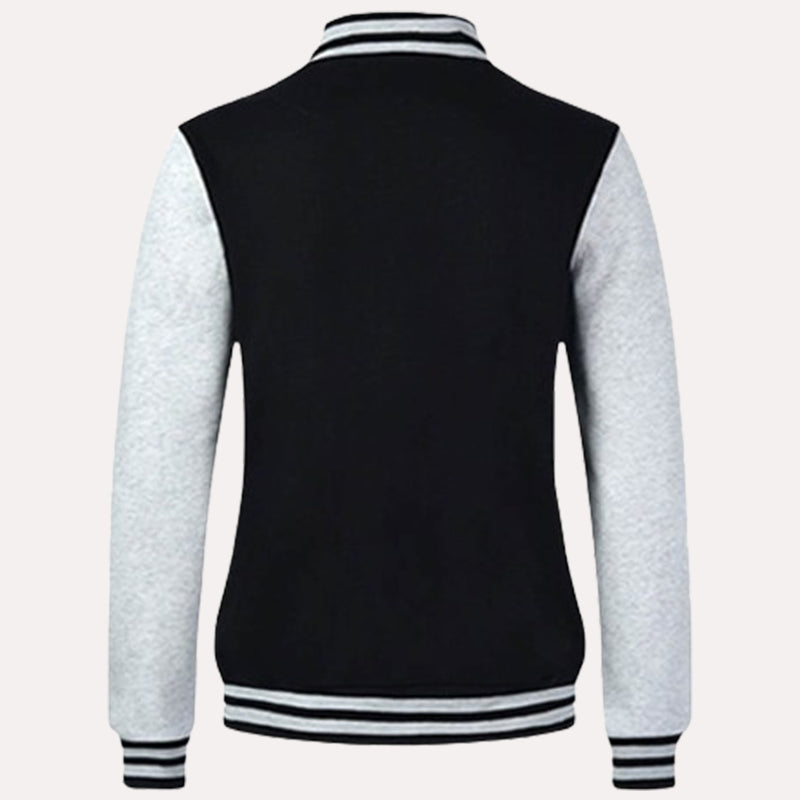 Womens Black and Grey Varsity Jacket Varsity Jacket women detail view 2 | Dash Racegear — Black and Grey Varsity Jacket