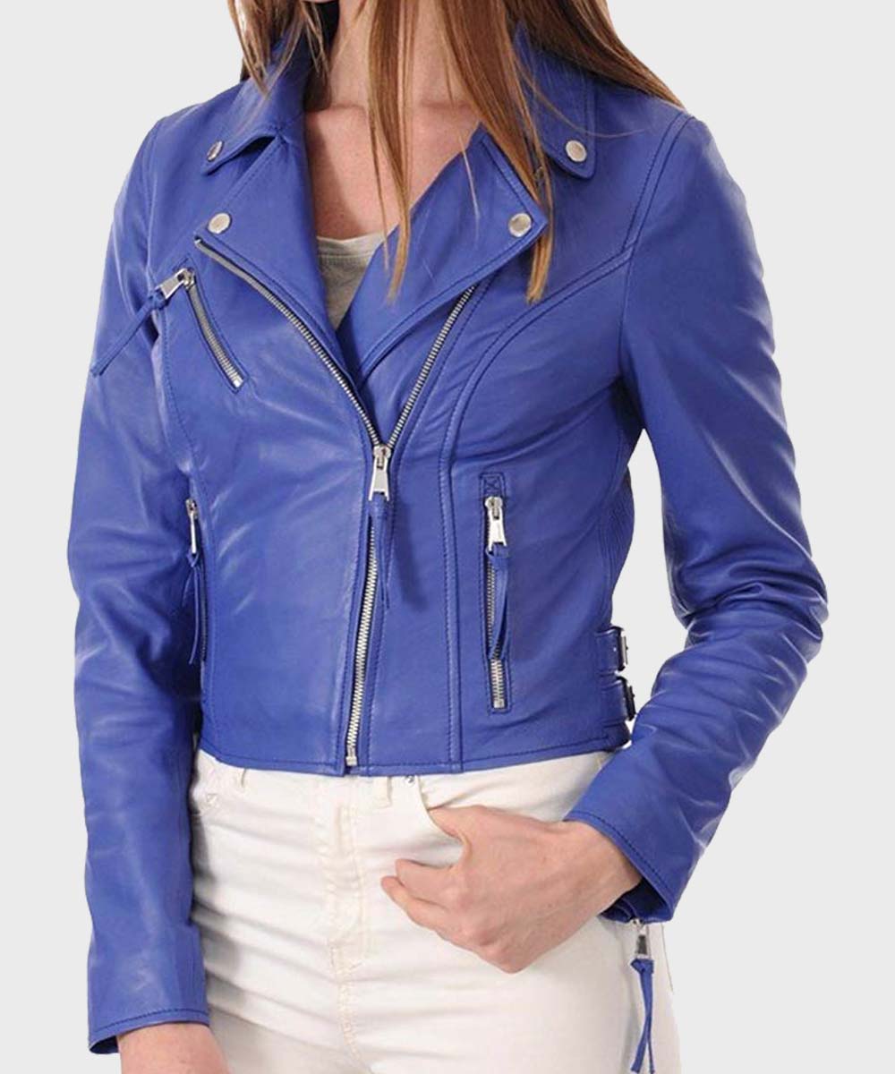 Womens Blue Classic Motorcycle Leather Jacket Leather Jacket women front product view | Dash Racegear — Womens Classic Leather Motorcycle Blue Jacket