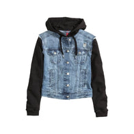 Womens Blue Denim Black Hooded Jacket Denim Jacket women front product view | Dash Racegear — Womens blue and black denim jacket