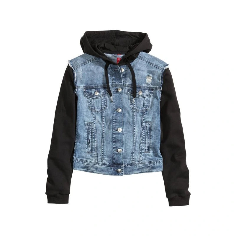 Womens Blue Denim Black Hooded Jacket Denim Jacket women front product view | Dash Racegear — Womens blue and black denim jacket