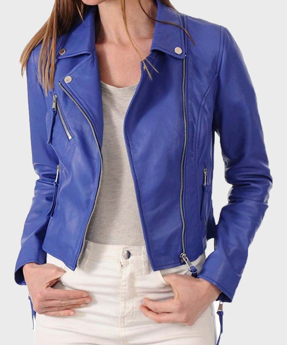 Womens Blue Classic Motorcycle Leather Jacket Leather Jacket women detail view 2 | Dash Racegear — Womens Blue Classic Leather Jacket