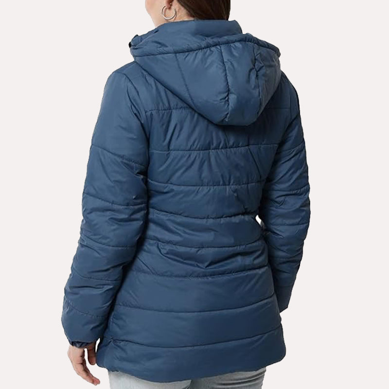 Womens Blue Puffer Jacket Puffer Jacket women detail view 3 | Dash Racegear — Blue Hooded Puffer Jacket