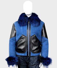 Womens Blue Sheepskin Shearling Jacket Jacket women front product view | Dash Racegear — Womens Blue Faux Fur Shearling Suede Leather Jacket