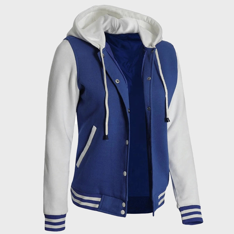 Womens Blue and White Varsity Jacket With Hood Varsity Jacket women detail view 3 | Dash Racegear — Womens Blue and White Varsity Hooded Jacket