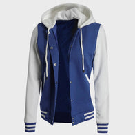 Womens Blue and White Varsity Jacket With Hood Varsity Jacket women detail view 4 | Dash Racegear — Womens Blue and White Hooded Varsity Jacket