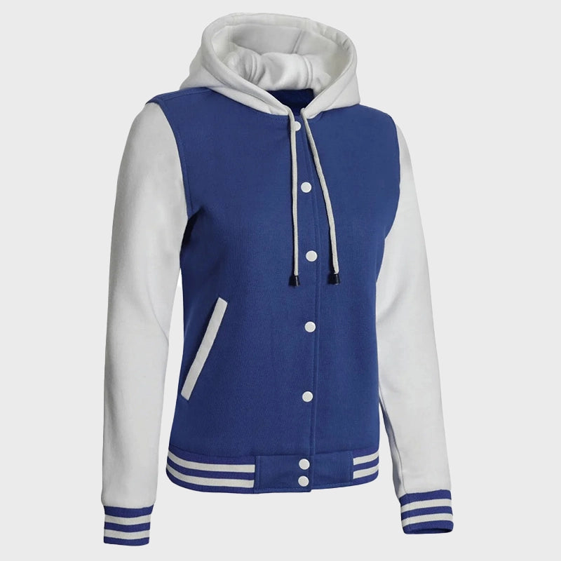 Womens Blue and White Varsity Jacket With Hood Varsity Jacket women detail view 2 | Dash Racegear — Womens Blue and White Varsity Jacket With Hood