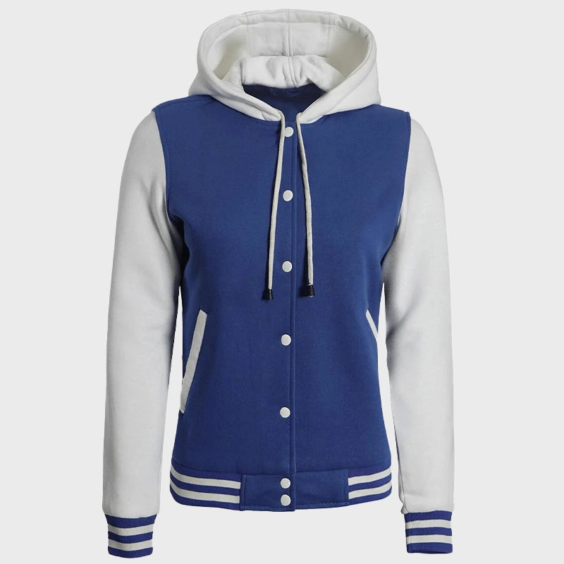 Womens Blue and White Varsity Jacket With Hood Varsity Jacket women front product view | Dash Racegear — Womens Varsity Jacket With Hood
