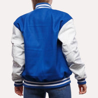 Womens Blue and White Leather Sleeves Varsity Jacket Varsity Jacket women detail view 3 | Dash Racegear — Blue and White Wool and Leather Sleeves Varsity Jacket