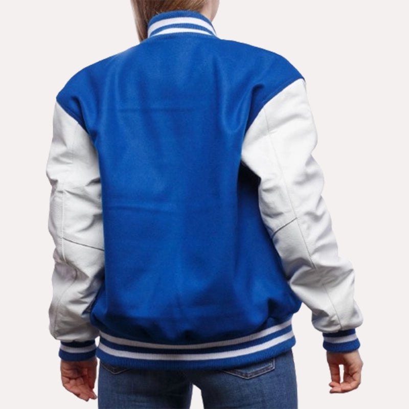 Womens Blue and White Leather Sleeves Varsity Jacket Varsity Jacket women detail view 3 | Dash Racegear — Blue and White Wool and Leather Sleeves Varsity Jacket