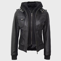 Womens Black Bomber Hooded Leather Jacket Leather Jacket women detail view 2 | Dash Racegear — Womens Black Bomber Hooded Leather Jacket