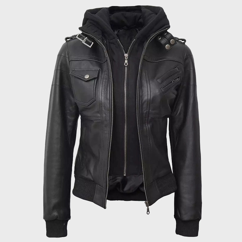 Womens Black Bomber Hooded Leather Jacket Leather Jacket women detail view 2 | Dash Racegear — Womens Black Bomber Hooded Leather Jacket