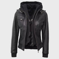 Womens Black Bomber Hooded Leather Jacket Leather Jacket women detail view 4 | Dash Racegear — Women Bomber Black Leather Jacket With Removable Hood