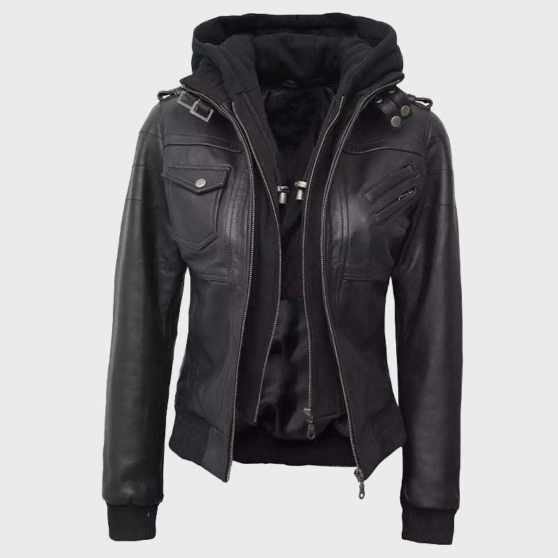 Womens Black Bomber Hooded Leather Jacket Leather Jacket women detail view 4 | Dash Racegear — Women Bomber Black Leather Jacket With Removable Hood