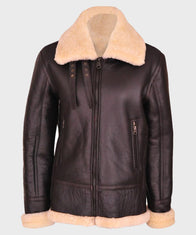 Womens Brown B3 Shearling Leather Jacket Leather Jacket women front product view | Dash Racegear — Women's B3 Brown Shearling Aviator Leather Jacket