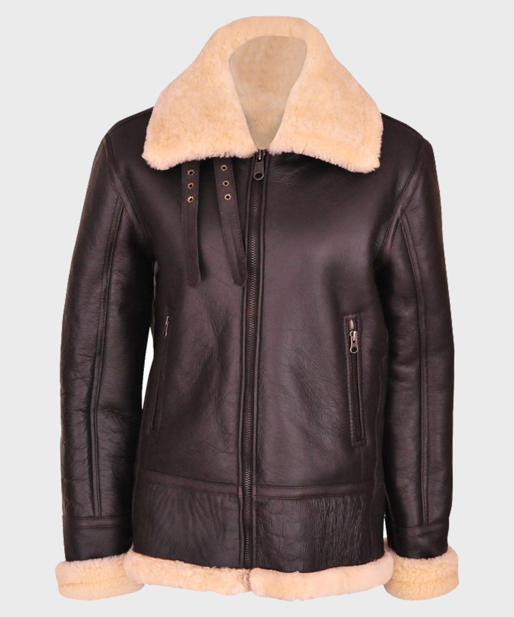 Womens Brown B3 Shearling Leather Jacket Leather Jacket women front product view | Dash Racegear — Women's B3 Brown Shearling Aviator Leather Jacket