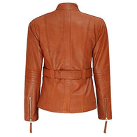 Women Brown Belted Leather Jacket Leather Jacket women detail view 2 | Dash Racegear — Women Belted Brown Leather Jacket