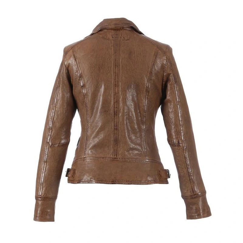 Women Brown Biker Waxed Leather Jacket Leather Jacket women detail view 2 | Dash Racegear — Brown Biker Waxed Leather Jacket