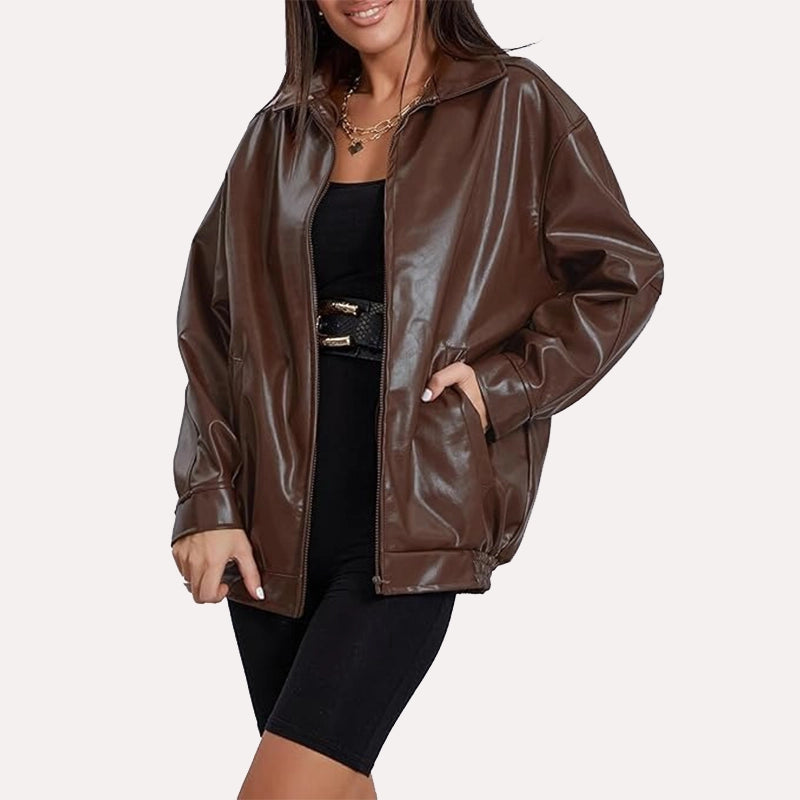Womens Brown Leather Oversized Bomber Jacket Bomber Jacket women front product view | Dash Racegear — Women's Oversized Brown Faux Leather Bomber Jacket