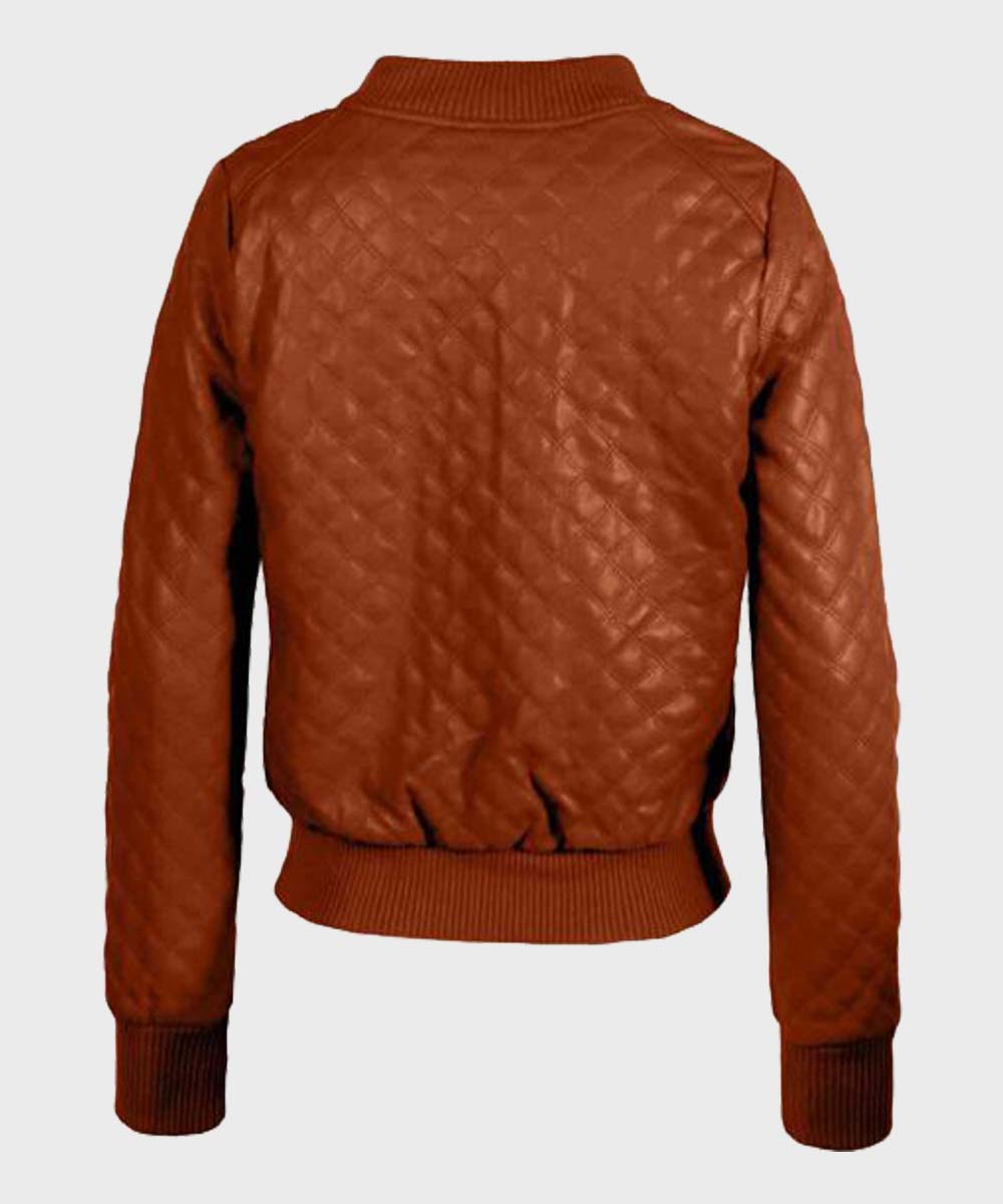 Womens Quilted Brown Leather Jacket Bomber Jacket women detail view 2 | Dash Racegear — Women's Quilted Leather Brown Bomber Jacket