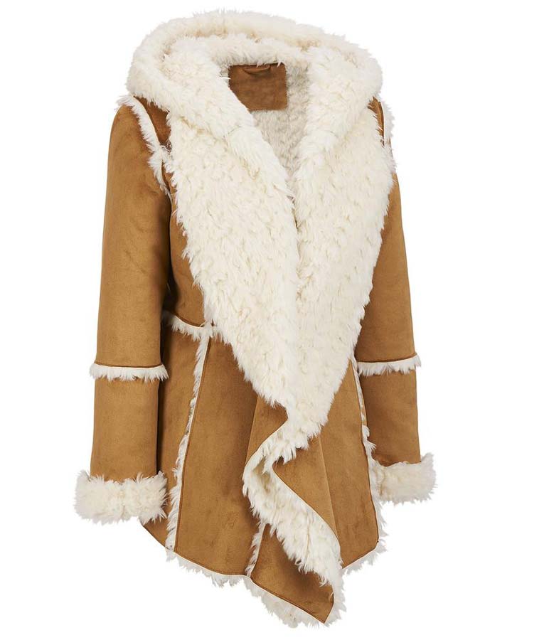 Womens Brown Faux Fur Suede Overcoat With Hood Coat women front product view | Dash Racegear — Womens Brown Suede Faux Fur Overcoat With Hood