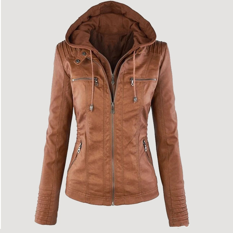 Womens Faux Leather Brown Hooded Jacket Leather Jacket unisex front product view | Dash Racegear — Women's Removable Hooded Cafe Racer Brown Faux Leather Jacket