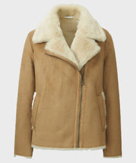 Womens Brown Faux Shearling Jacket Jacket women front product view | Dash Racegear — Women's Faux Shearling Brown Leather Jacket for Winter Outifts