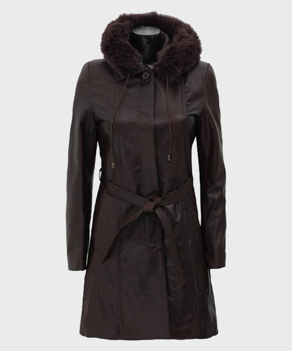 Womens Dark Brown Fur Hooded Leather Coat Jacket women front product view | Dash Racegear — Dark Brown Fur Hooded Leather Coat for Women's