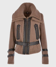 Womens Brown Shearling Fur Jacket Jacket women front product view | Dash Racegear — Brown Fur Womens Shearling Jacket with Belt