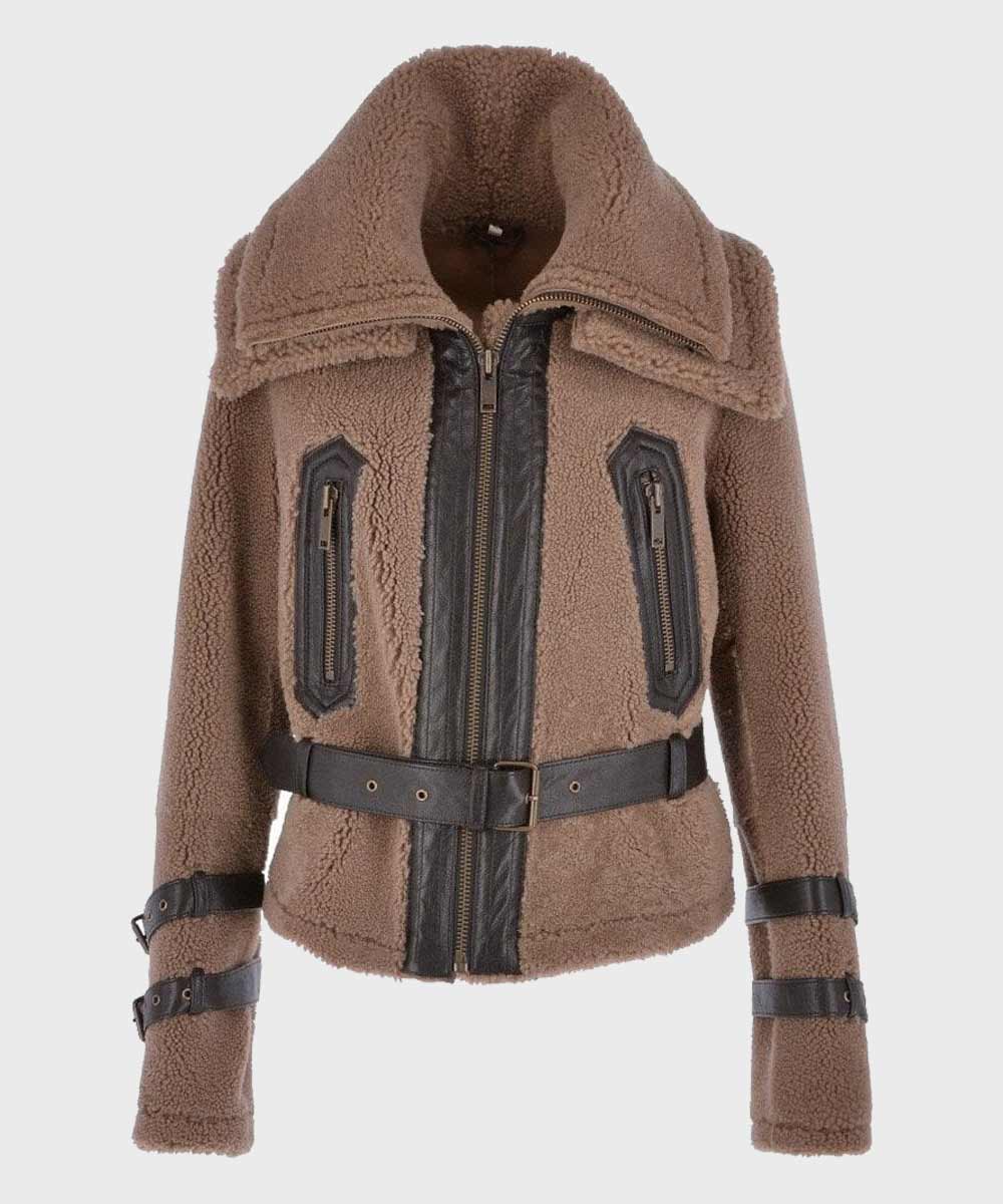 Womens Brown Shearling Fur Jacket Jacket women front product view | Dash Racegear — Brown Fur Womens Shearling Jacket with Belt