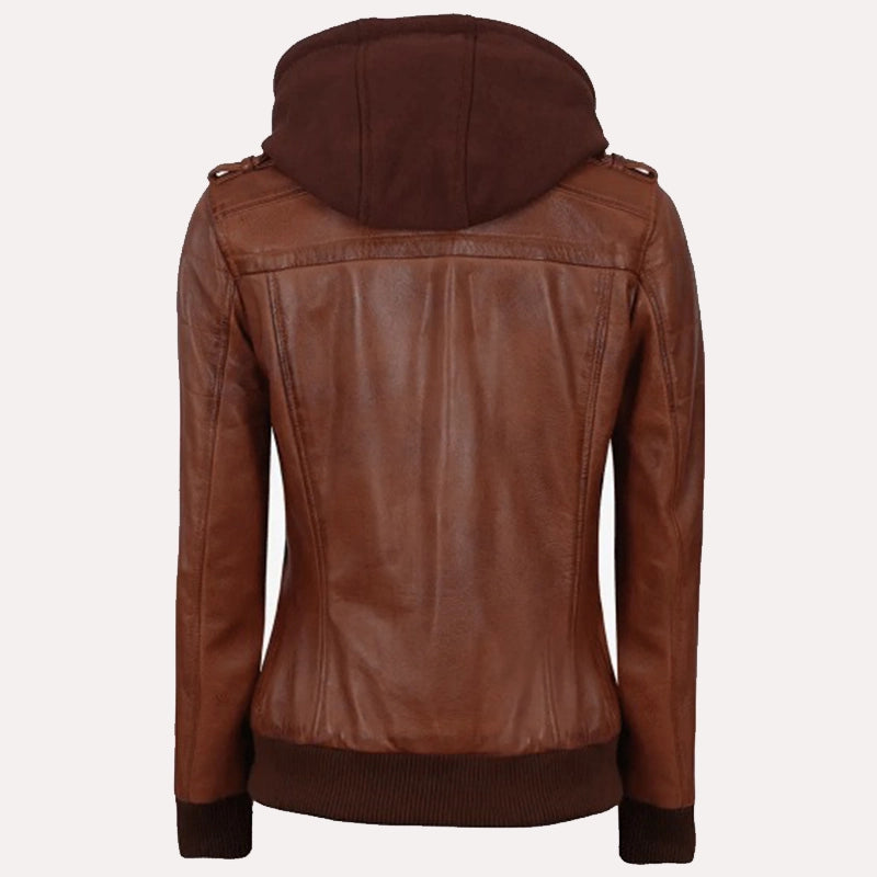Womens Brown Hooded Bomber Leather Jacket Leather Jacket women detail view 3 | Dash Racegear — Brown Hooded Bomber Leather Jacket with Removeable Hood