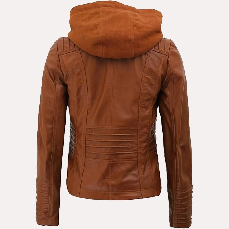 Womens Brown Hooded Leather Jacket Leather Jacket women detail view 3 | Dash Racegear — Brown Leather Jacket With Removable Hood