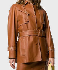 Womens Brown Belted Leather Coat Jacket women detail view 2 | Dash Racegear — Women's Leather Brown Belted Coat