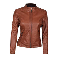 Womens Slim Fit Brown Leather Jacket Leather Jacket women front product view | Dash Racegear — Browm Padded Leather Jacket