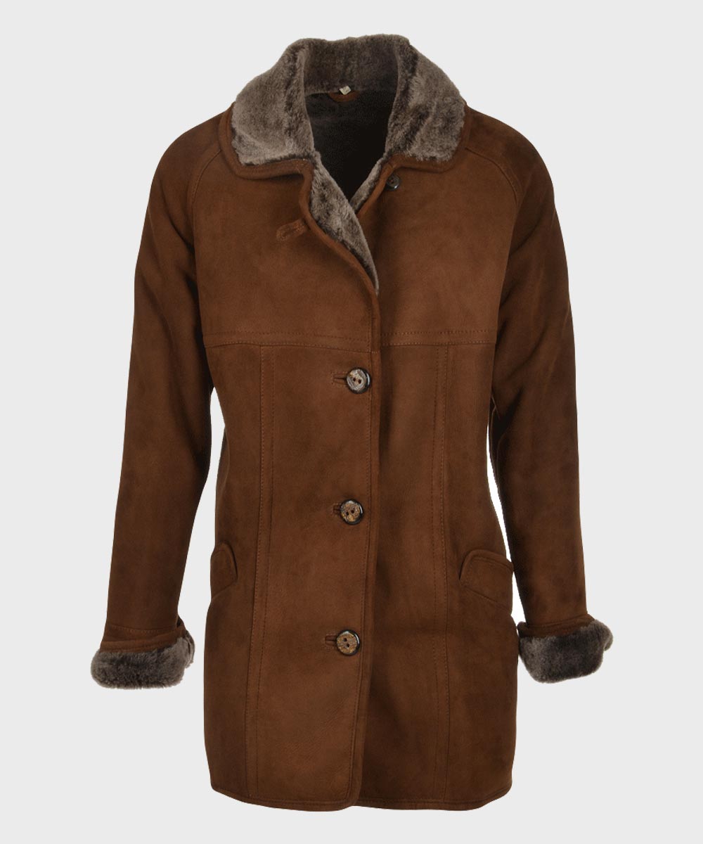 Womens Brown Sheepskin Leather Coat Jacket women front product view | Dash Racegear — Dark Brown Shearling Leather Coat